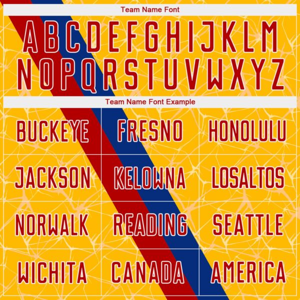 Custom Gold Red Blue-White Colombia Network Pattern Diagonal Stripe Sublimation Soccer Uniform Jersey