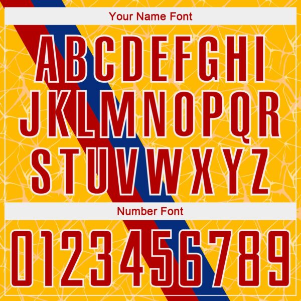 Custom Gold Red Blue-White Colombia Network Pattern Diagonal Stripe Sublimation Soccer Uniform Jersey