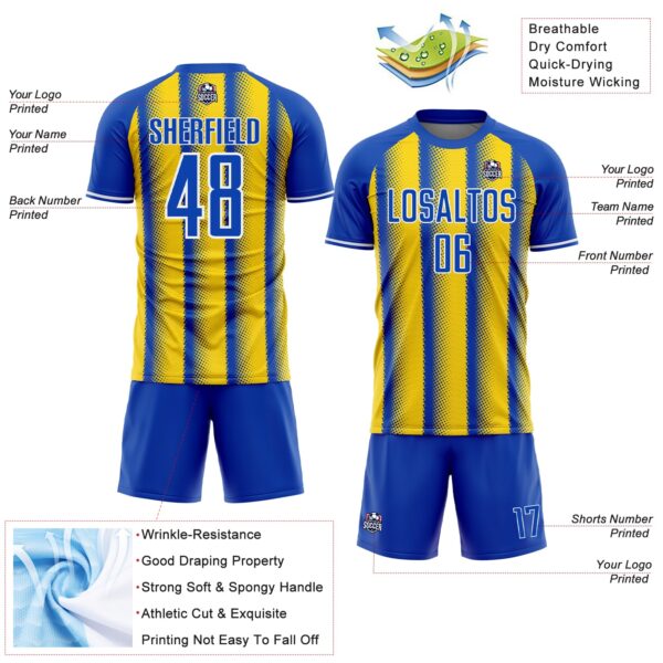Custom Thunder Blue Light Yellow-White Colombia Vertical Stripes Halftone Dot Pattern Sublimation Soccer Uniform Jersey