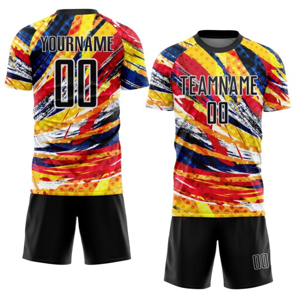 Custom Graffiti Pattern Black Yellow Blue-Red Colombia Brush Stroke Halftone Dot Pattern Sublimation Soccer Uniform Jersey