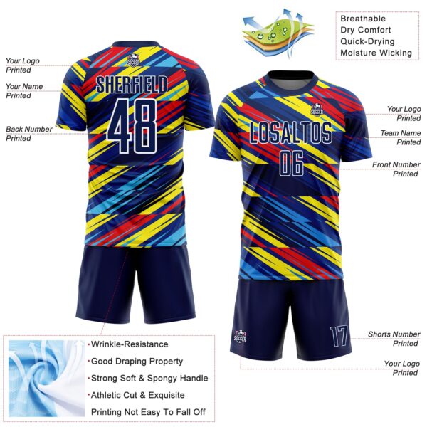 Custom Royal Navy Yellow Blue-Red Colombia Diagonal Stripes Sublimation Soccer Uniform Jersey