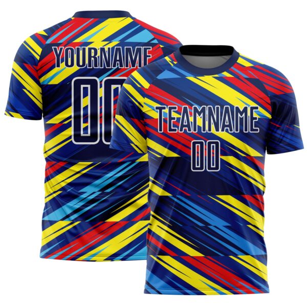Custom Royal Navy Yellow Blue-Red Colombia Diagonal Stripes Sublimation Soccer Uniform Jersey