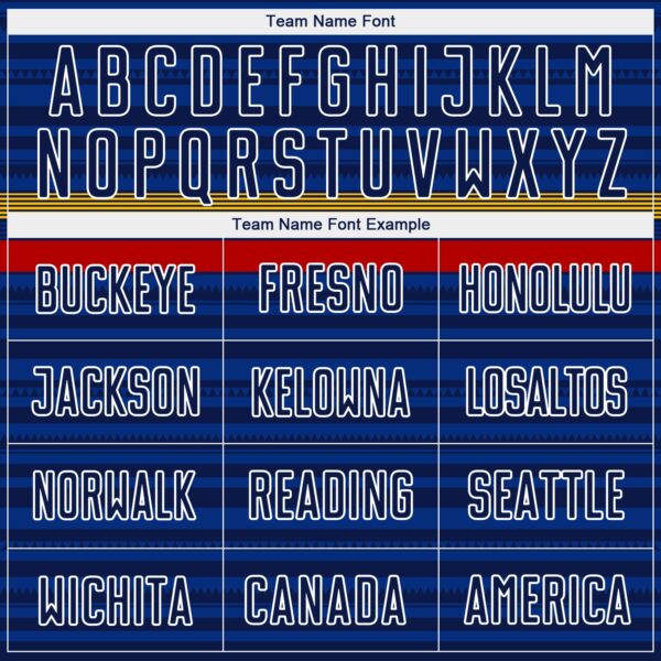 Custom Royal Navy Yellow-Red Colombia Horizontal Stripes Geometric Aztec Tribal Pattern Sublimation Soccer Uniform Jersey