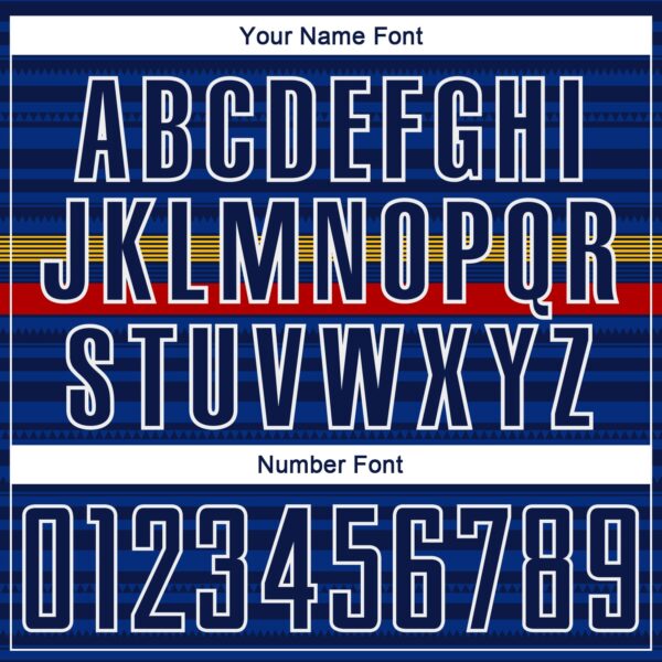 Custom Royal Navy Yellow-Red Colombia Horizontal Stripes Geometric Aztec Tribal Pattern Sublimation Soccer Uniform Jersey