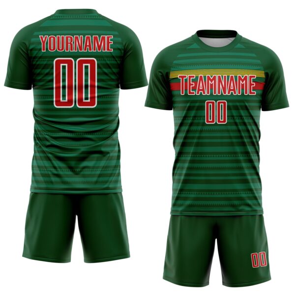 Custom Green Red Yellow-White Colombia Horizontal Stripes Geometric Aztec Tribal Pattern Sublimation Soccer Uniform Jersey