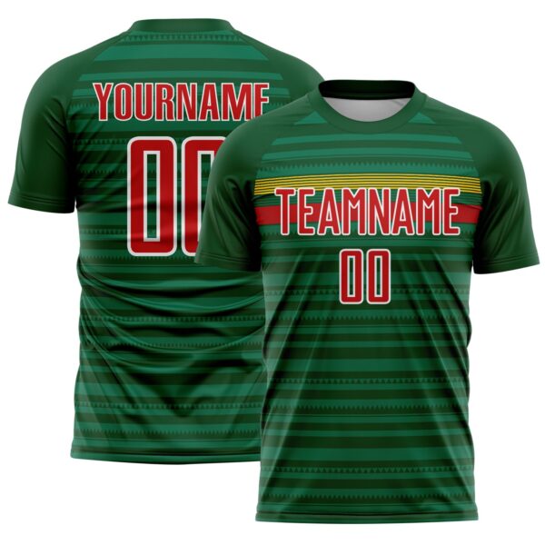 Custom Green Red Yellow-White Colombia Horizontal Stripes Geometric Aztec Tribal Pattern Sublimation Soccer Uniform Jersey