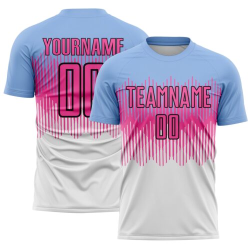 Custom Light Blue Pink Black-White Colombia Gradient Lines Sublimation Soccer Uniform Jersey