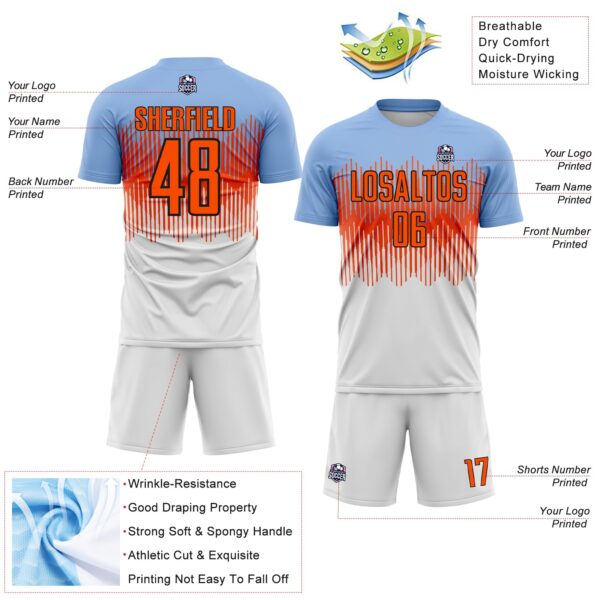 Custom Light Blue Orange Black-White Colombia Gradient Lines Sublimation Soccer Uniform Jersey