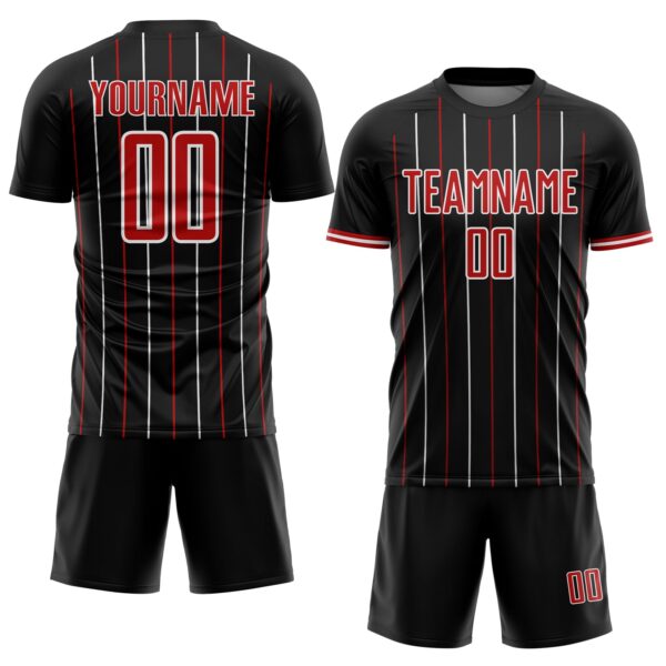 Custom Black Red-White France Vertical Pinstripe Sublimation Soccer Uniform Jersey
