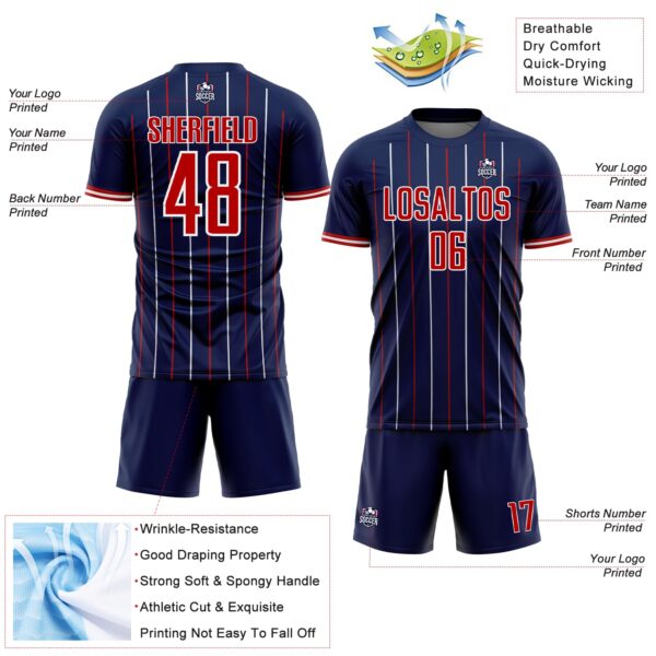 Custom Navy Red-White France Vertical Pinstripe Sublimation Soccer Uniform Jersey