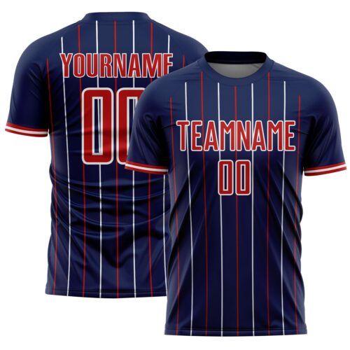 Custom Navy Red-White France Vertical Pinstripe Sublimation Soccer Uniform Jersey
