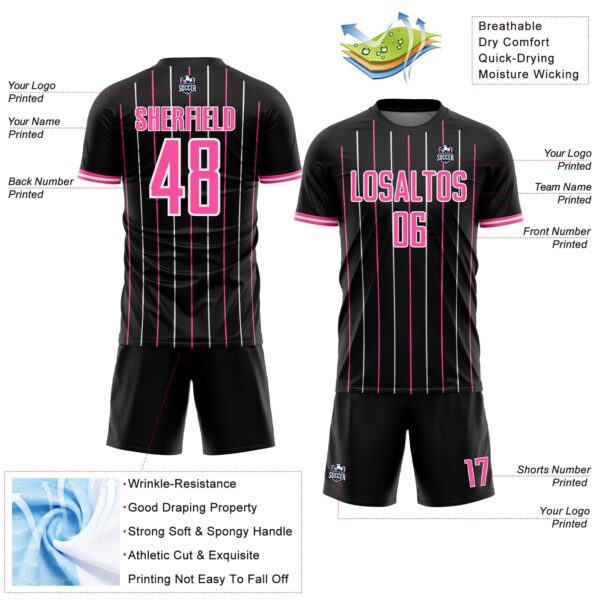 Custom Black Pink-White France Vertical Pinstripe Sublimation Soccer Uniform Jersey