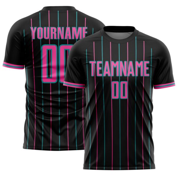 Custom Black Pink-Teal France Vertical Pinstripe Sublimation Soccer Uniform Jersey