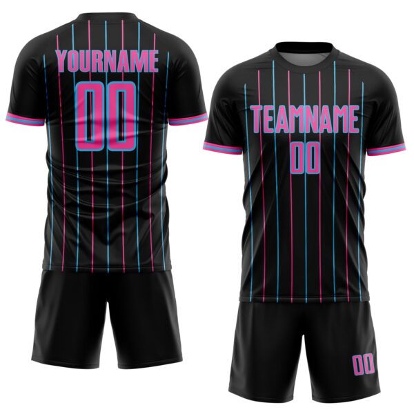 Custom Black Pink-Sky Blue France Vertical Pinstripe Sublimation Soccer Uniform Jersey