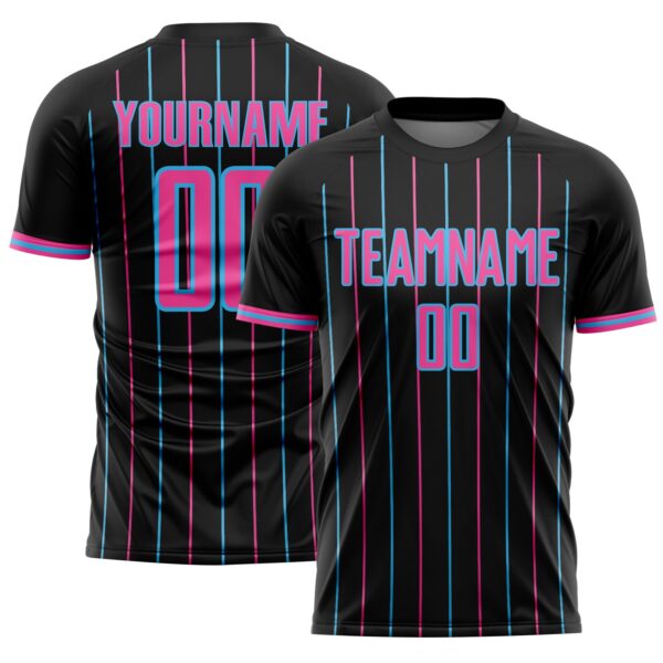 Custom Black Pink-Sky Blue France Vertical Pinstripe Sublimation Soccer Uniform Jersey