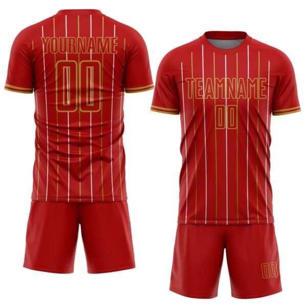 Custom Red Old Gold-White France Vertical Pinstripe Sublimation Soccer Uniform Jersey