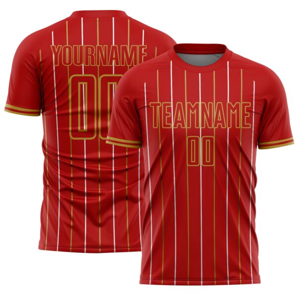 Custom Red Old Gold-White France Vertical Pinstripe Sublimation Soccer Uniform Jersey