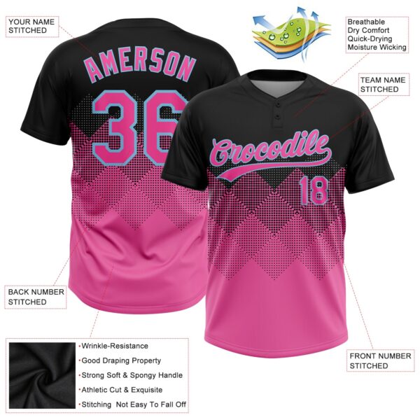 Custom Black Pink-Light Blue 3D Pattern Gradient Square Shapes Two-Button Unisex Softball Jersey
