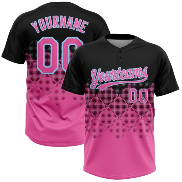 Custom Black Pink-Light Blue 3D Pattern Gradient Square Shapes Two-Button Unisex Softball Jersey