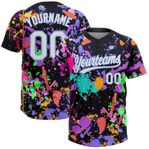 Softball0007 Custom Graffiti Pattern White-Light Blue 3D Two-Button Unisex Softball Jersey