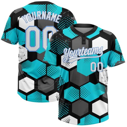 Softball0008 Custom Sky Blue White Black-Light Blue 3D Pattern Two-Button Unisex Softball Jersey