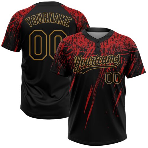 Softball0009 Custom Black Black Red-Old Gold 3D Pattern Two-Button Unisex Softball Jersey