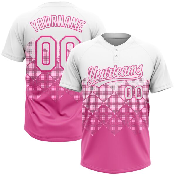 Custom Pink White 3D Pattern Gradient Square Shapes Two-Button Unisex Softball Jersey