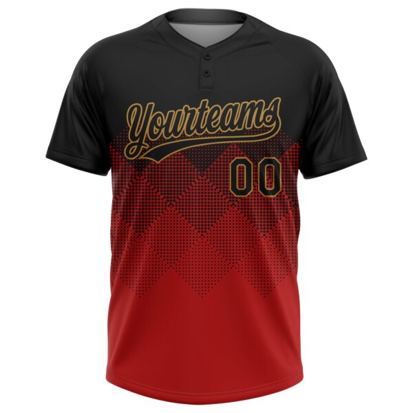 Custom Red Black-Old Gold 3D Pattern Gradient Square Shapes Two-Button Unisex Softball Jersey