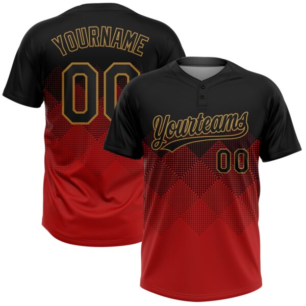 Custom Red Black-Old Gold 3D Pattern Gradient Square Shapes Two-Button Unisex Softball Jersey