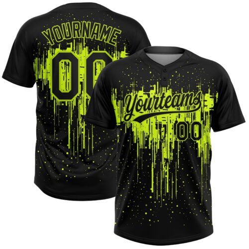 Softball0015 Custom Black Black-Neon Green 3D Pattern Two-Button Unisex Softball Jersey