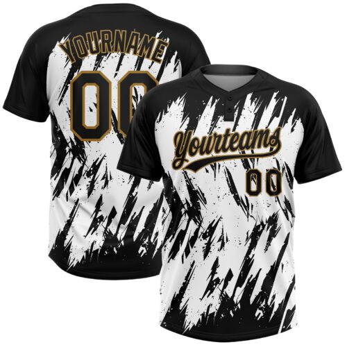 Softball0016 Custom White Black-Old Gold 3D Pattern Two-Button Unisex Softball Jersey