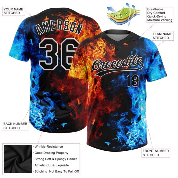 Custom Figure Black-White 3D Pattern Flame Two-Button Unisex Softball Jersey