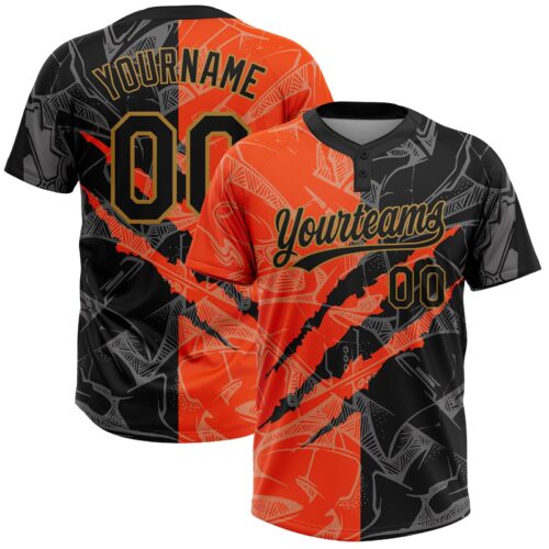 Softball0020 Custom Graffiti Pattern Black-Old Gold 3D Two-Button Unisex Softball Jersey