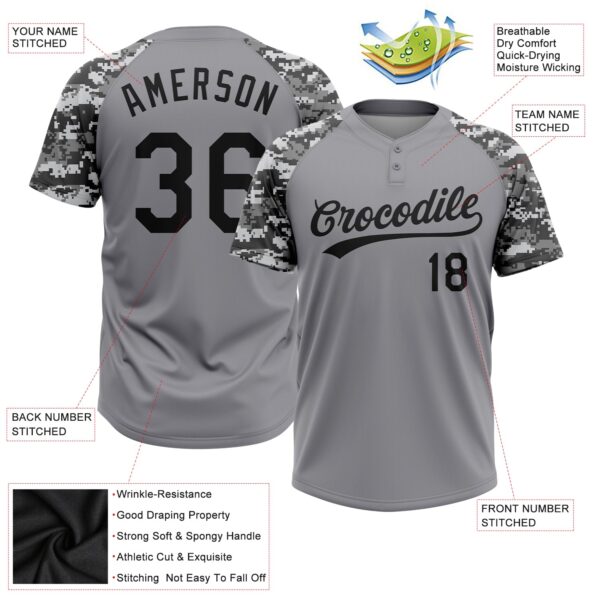 Custom Gray Black-Camo 3D Pattern Two-Button Unisex Softball Jersey