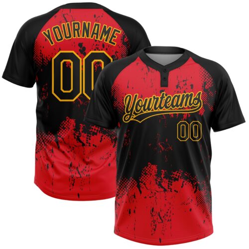 Softball0028 Custom Red Black-Gold 3D Pattern Two-Button Unisex Softball Jersey