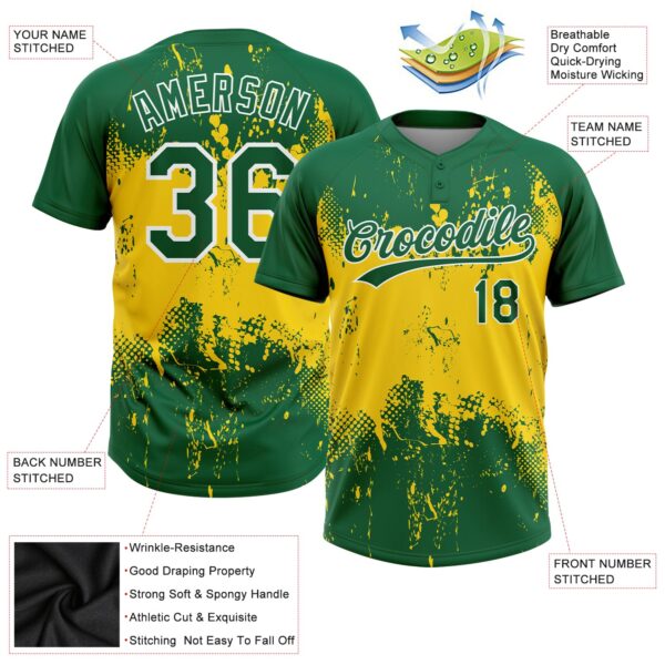 Custom Gold Green-White 3D Pattern Two-Button Unisex Softball Jersey