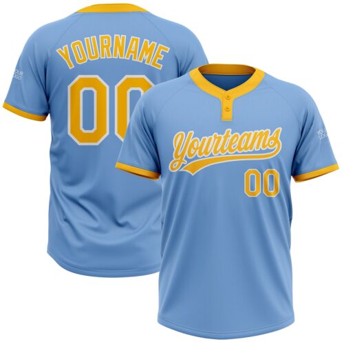 Softball0086 Custom Light Blue Gold-White Two-Button Unisex Softball Jersey