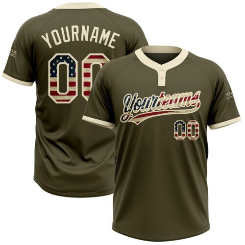 Softball0111 Custom Olive Vintage USA Flag-Cream Salute To Service Two-Button Unisex Softball Jersey