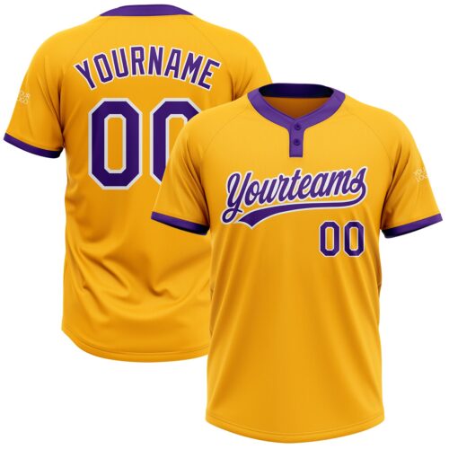 Softball0127_6c5518cf-19f1-4e9e-bf00-23fabdb550c3 Custom Gold Purple-White Two-Button Unisex Softball Jersey