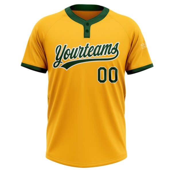 Custom Gold Green-White Two-Button Unisex Softball Jersey