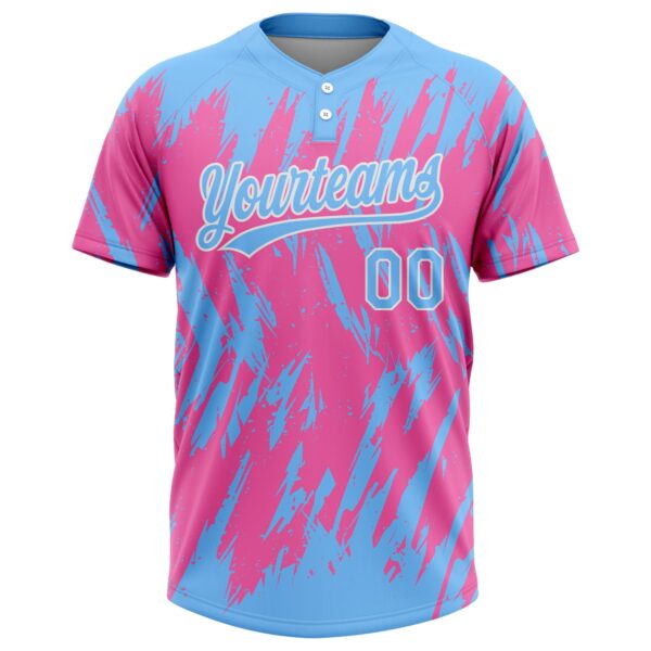 Custom Pink Powder Blue-White 3D Pattern Two-Button Unisex Softball Jersey