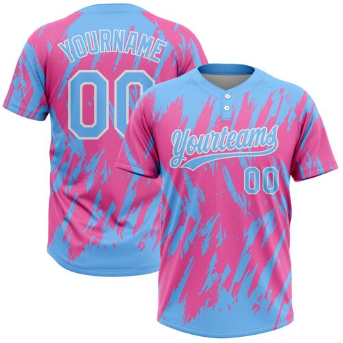 Softball0263_e82c8125-4626-4aa6-9540-d91d718b8a45 Custom Pink Powder Blue-White 3D Pattern Two-Button Unisex Softball Jersey