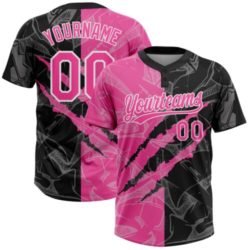 Softball0265_b9ba79ec-954c-4f9f-b8bd-24665fd2d567 Custom Graffiti Pattern Pink-Black 3D Two-Button Unisex Softball Jersey