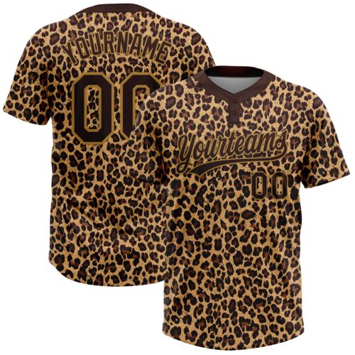 Softball0275_cff0d1cd-714e-4f87-83a8-a9a30906c16d Custom Brown Brown-Old Gold 3D Pattern Leopard Two-Button Unisex Softball Jersey