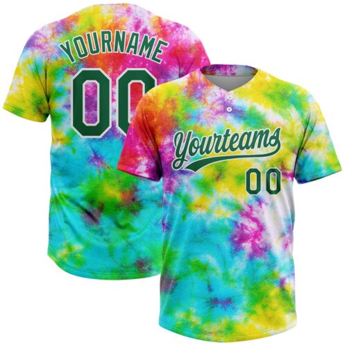 Softball0281_4a881242-13ed-4283-888f-62c90674a9dc Custom Tie Dye Kelly Green-White 3D Rainbow Two-Button Unisex Softball Jersey