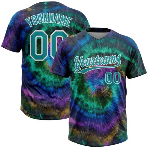 Softball0305 Custom Tie Dye Teal-White 3D Two-Button Unisex Softball Jersey