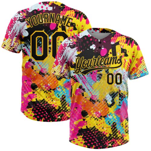 Softball0311_0805de35-ac07-400b-93de-da6540fa7a78 Custom Graffiti Pattern Black-Gold 3D Bright Psychedelic Two-Button Unisex Softball Jersey