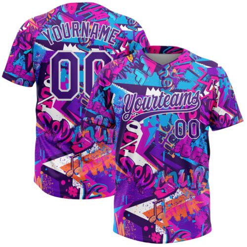 Softball0312 Custom Graffiti Pattern Purple-White 3D Bright Psychedelic Two-Button Unisex Softball Jersey