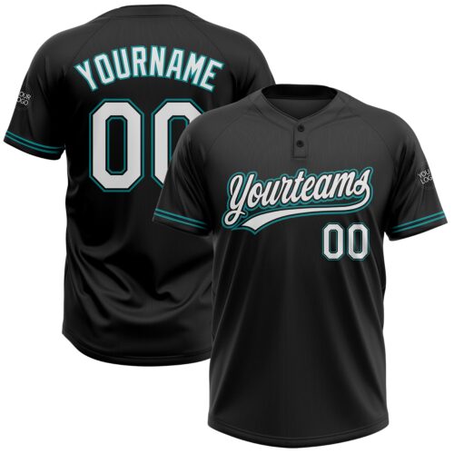 Softball0348 Custom Black White-Teal Two-Button Unisex Softball Jersey