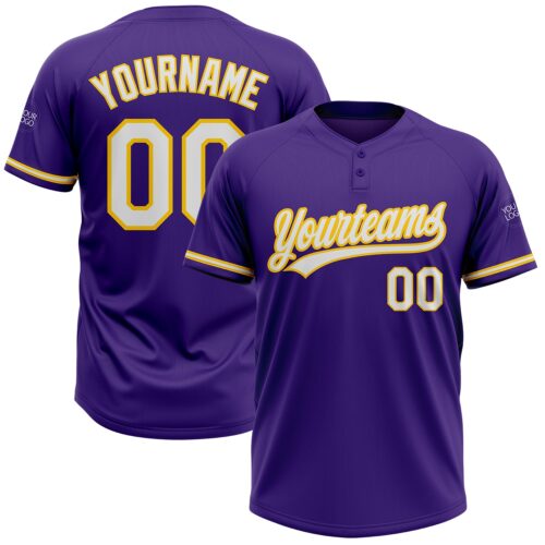 Softball0439_9d59280d-df1a-42da-b1dc-c51af40194c9 Custom Purple White-Gold Two-Button Unisex Softball Jersey